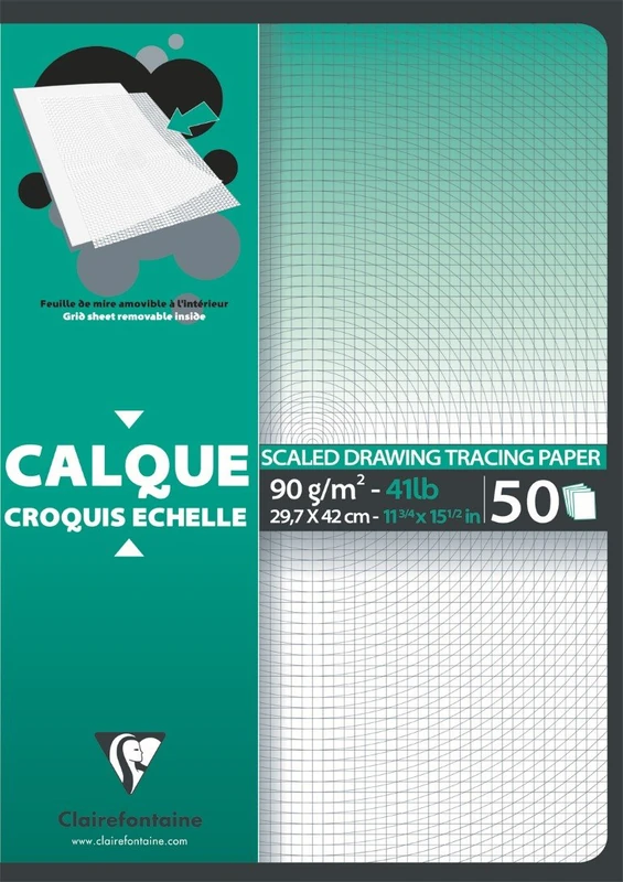 Clairefontaine - Ref 97132C - Scaled Grid Tracing Paper Pad (50 Sheets) - A3 (297 x 420mm) in Size, 90/95gsm Paper, Acid Free, pH Neutral, Highly Transparent