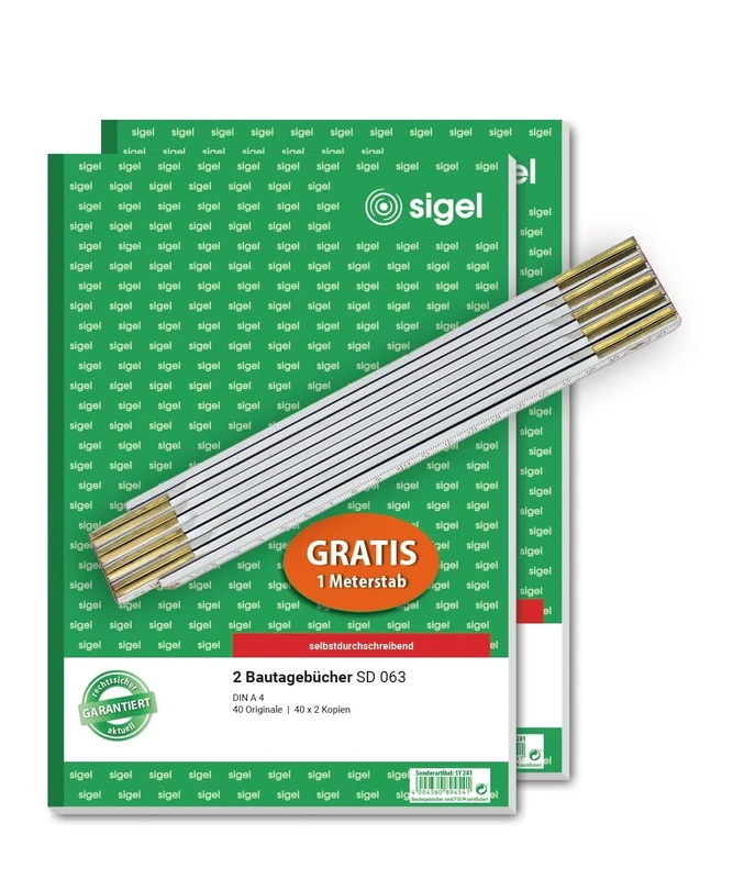 Sigel SD063 Building Journal 3 First2nd, and 3rd Page Printed A4 3 x 40 Pages Carbon-Less Copy Paper [German Language] 2 Stück + Gratis Meterstab