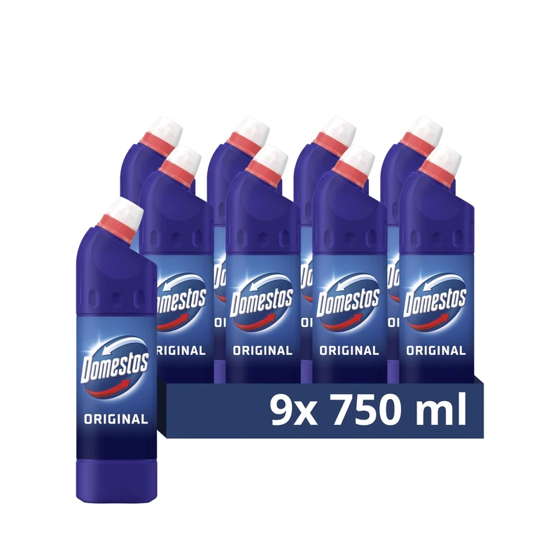 Domestos Original Thick Bleach disinfectant that eliminates 99.99% of bacteria and viruses* unstoppable strength 9x 750 ml