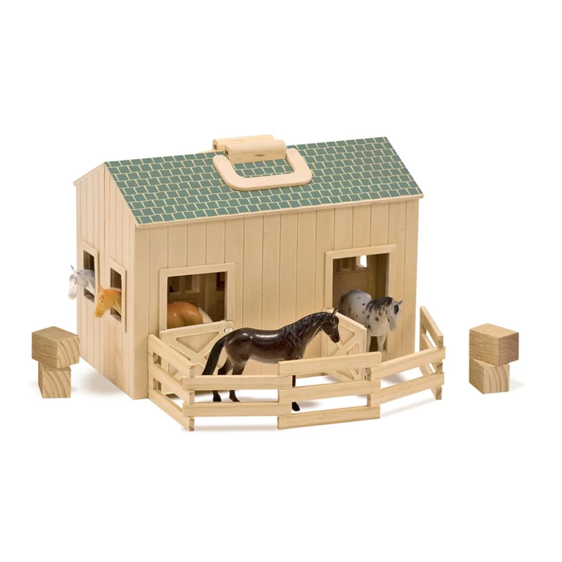Melissa & Doug Fold and Go Wooden Horse Stable Dollhouse With Handle and Toy Horses (11 pcs)