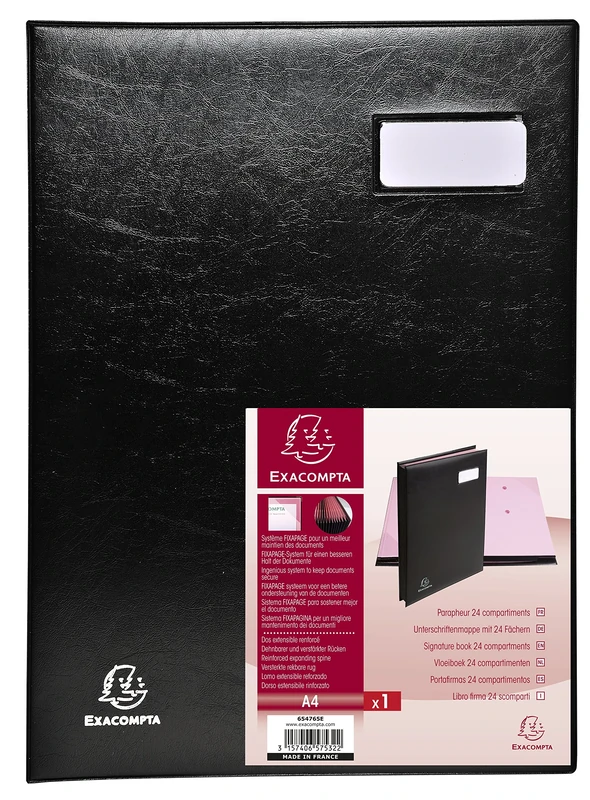 Exacompta - Ref 654765E - Excellence Signature Book - 240 x 320mm in Size, Suitable for A4 Documents, Expanding Spine, Polypropylene, 24 Compartments - Black