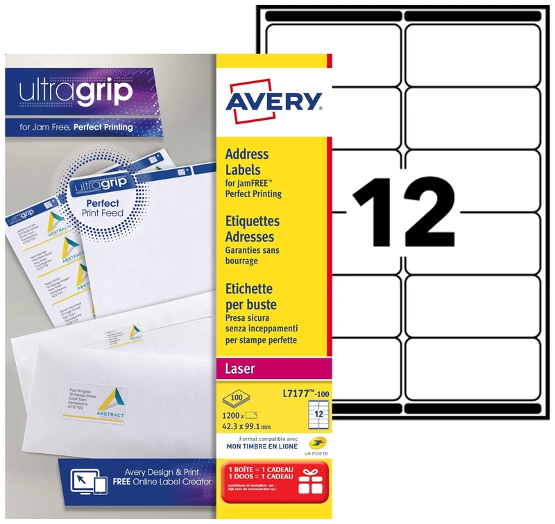 Avery Self Adhesive Address Mailing Labels, Laser Printers, 12 labels per A4 sheet, 1200 labels, JamFREE (L7177)