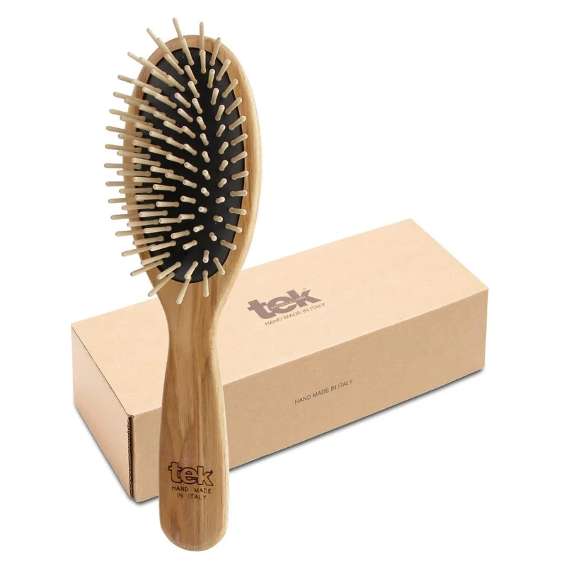 TEK – Large Oval Wooden Brush with Short Pins – Handmade in Italy with Sustainable and Vegan Materials – Safe for All Hair Types Wet or Dry – Gentle Detangler & Anti-Static Properties