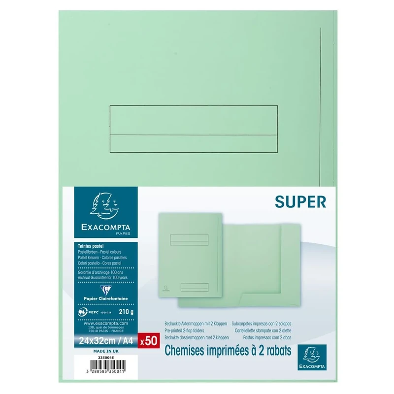 Exacompta - Ref 335004E - Super 210 Printed 2-Flap Folders - 240 x 320mm in Size, Suitable for Holding A4 Documents, 210gsm Card, Pre-Printed - Light Green (Pack of 50)
