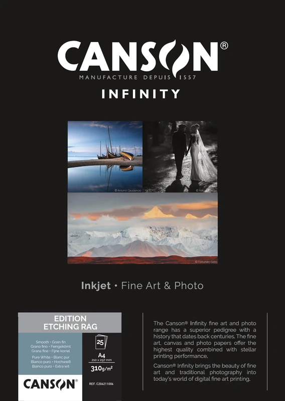 CANSON Infinity Edition Etching Rag Smooth 310gsm A4 Paper, Digital Fine Art Reproduction, 25 Pure White Sheets, Ideal for Professional Photographers