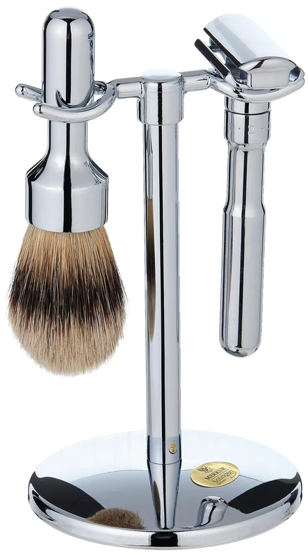 Merkur - 3 Piece Shiny Shaving Kit, Including Futuri Razor, Pure Grey Badger Brush and Stand