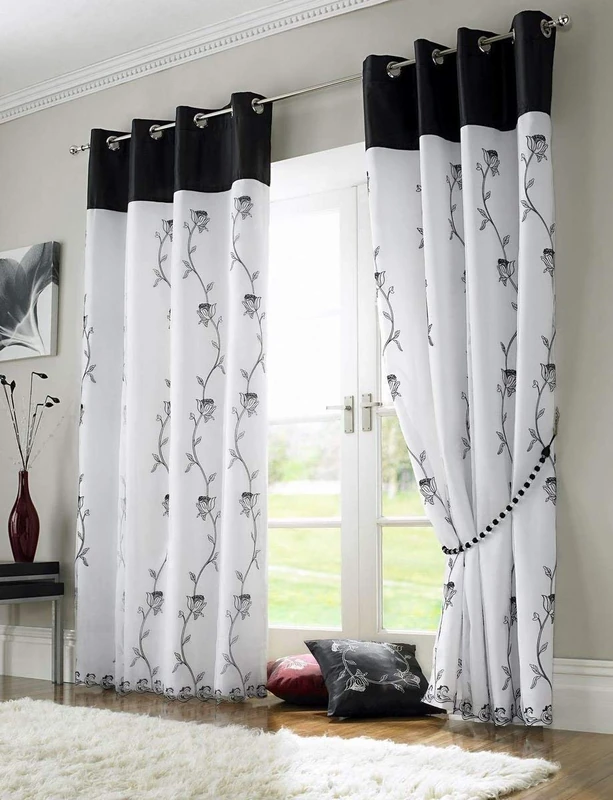 Tahiti Embroidered Lined Voile Eyelet Curtains, Black, 56 x 72-Inch