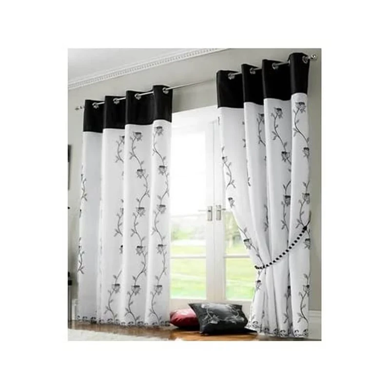 Tahiti Embroidered Lined Voile Eyelet Curtains, Black, 56 x 90-Inch - Image 1