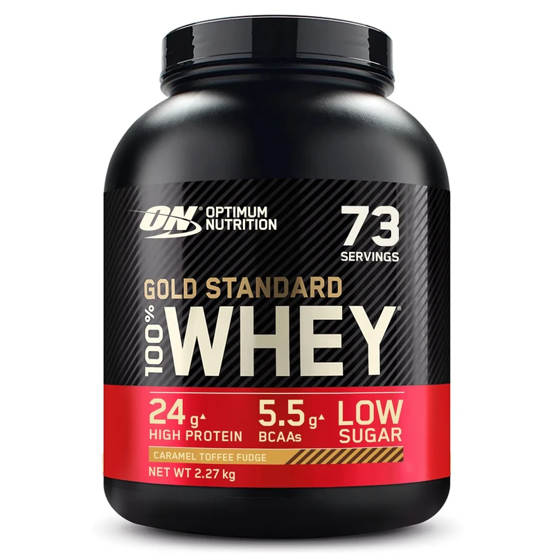 Optimum Nutrition Gold Standard Whey Muscle Building and Recovery Protein Powder With Naturally Occurring Glutamine and Amino Acids, Caramel Toffee Fudge, 73 Servings, 2.27kg, Packaging May Vary