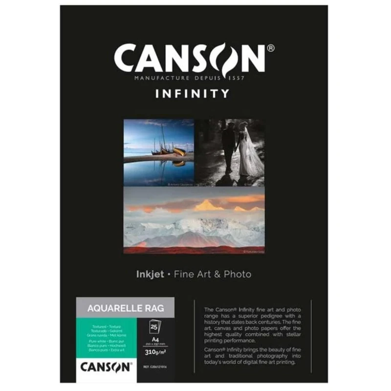 CANSON Infinity Aquarelle Rag Textured 310gsm A3 Sheets, Digital Fine Art Reproduction, 25 Pure White Sheets, Ideal for Professional Photographers