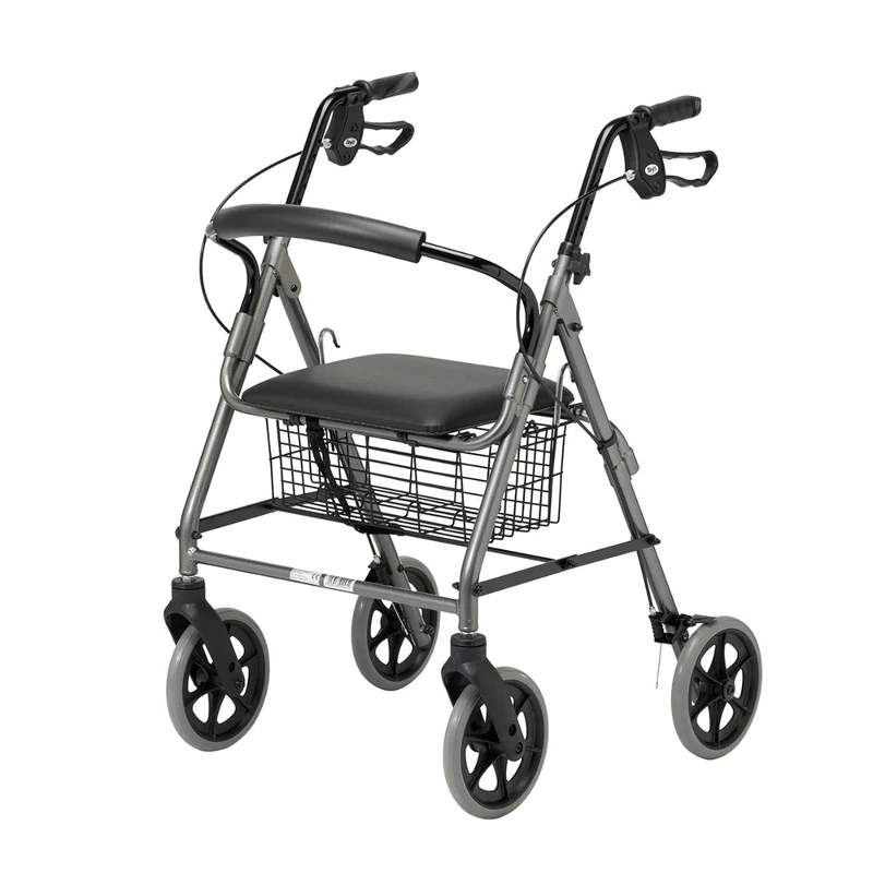 Homecraft Four Wheeled Rollator Walker with Cable Brakes, Padded Seat and Backrest, Underseat Basket, Lightweight Foldable Aluminium Frame, Lockable Brakes, Walking Mobility Aid, Swivel Wheels, Quartz