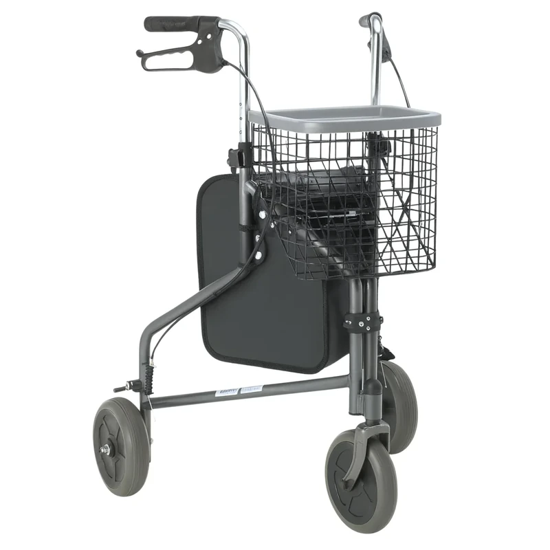 DAYS Folding Three Wheeled Rollator Walker – Compact Mobility Aids with Adjustable Height – Lightweight Steel Frame with Tray, Basket, Carry Bag, Mobility Walkers, Lockable Brakes – Quartz Grey