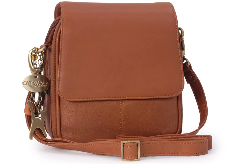 Catwalk Collection Handbags - Women's Leather Cross Body Bag - Small Organiser Messenger Bag - Long Adjustable Shoulder Strap - Teagan - Tan - Image 1