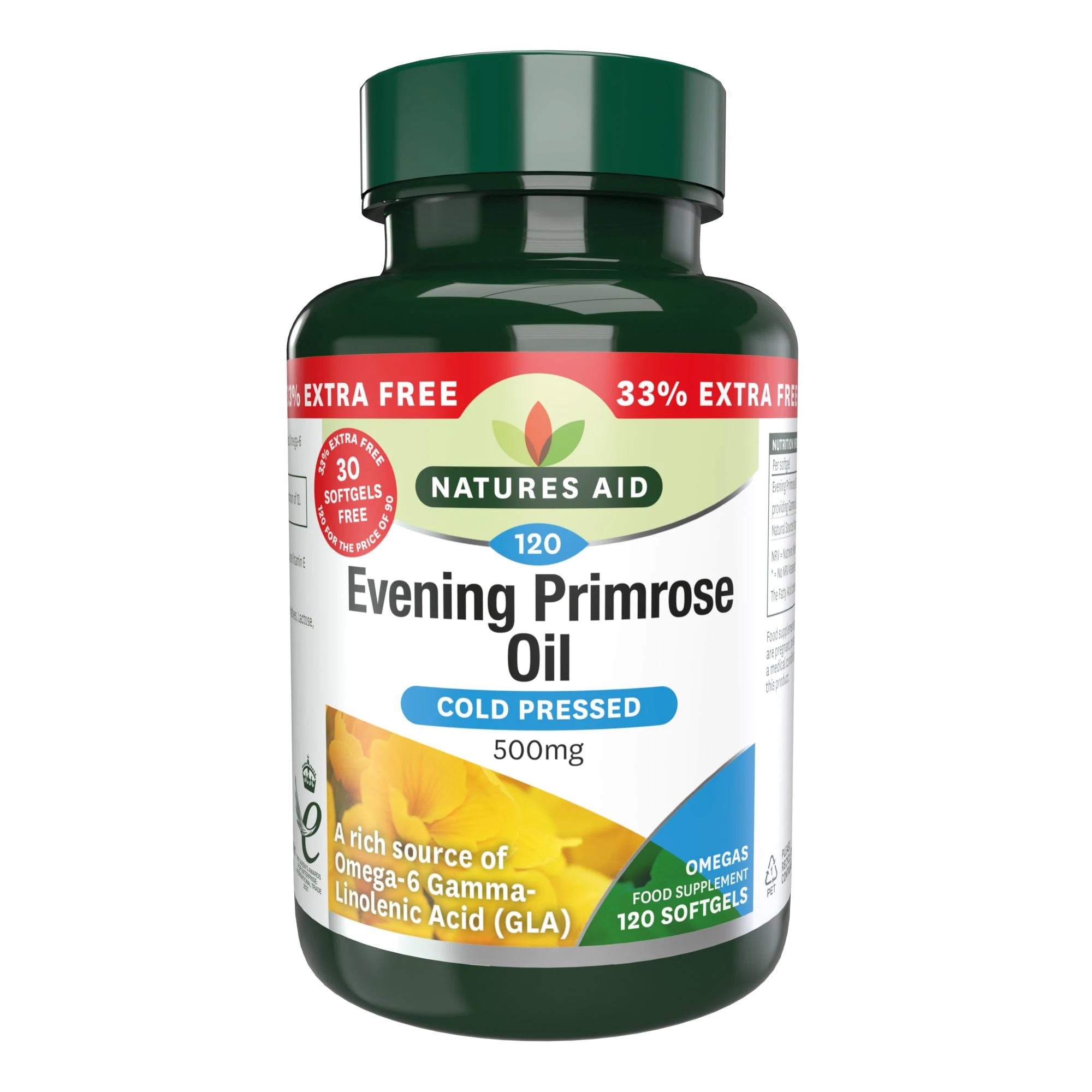 Natures Aid Evening Primrose Oil 500mg – Cold Pressed Omega-6 GLA – Supports Hormonal Balance, Skin Health & Anti-Inflammatory Function – Non-GMO, Gluten-Free – 120 Softgels