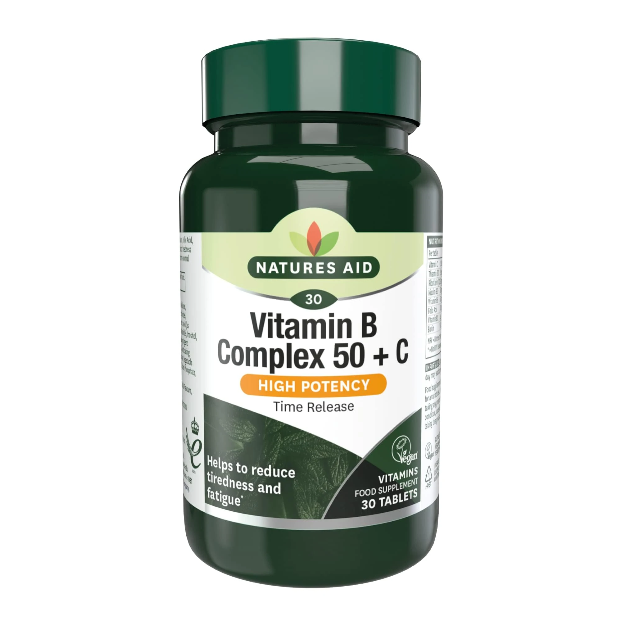 Natures Aid Vitamin B Complex 50 + C - High Strength B Vitamins with Vitamin C - Supports Energy, Nervous System & Immunity, Reduce Tiredness and Fatigue - Vegan, Gluten Free, Non-GMO - 30 Tablets