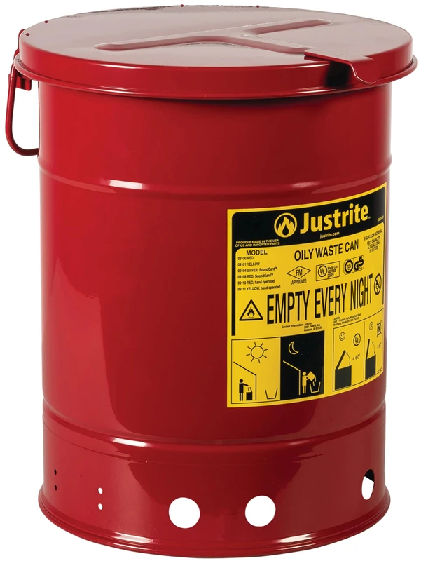 Justrite 20 Litre Red Steel Oil Container with Hand Operated Lid - Image 1