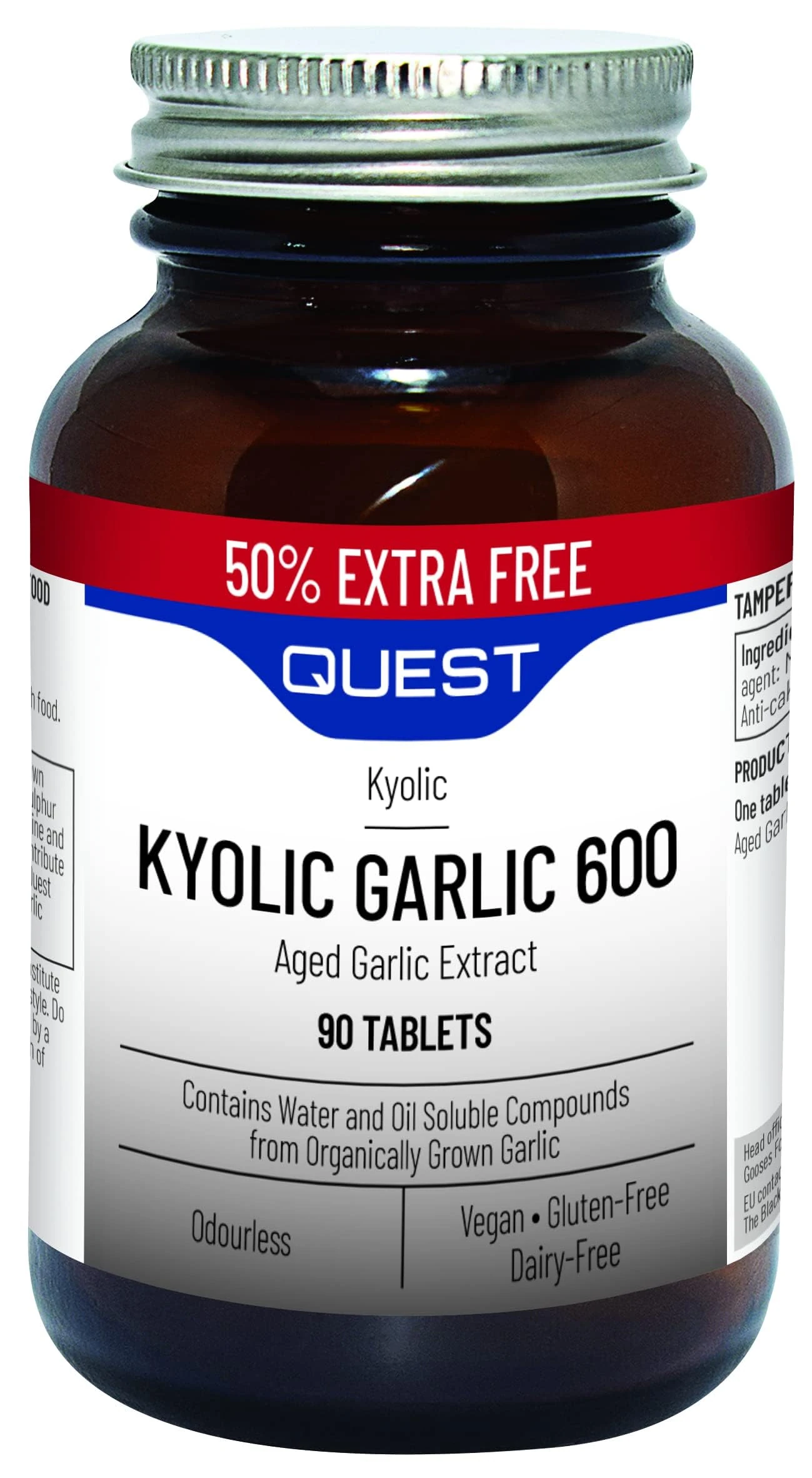 Quest - 90x Kyolic Garlic Tablets. High Strength 600mg Odourless Aged Garlic Extract for Heart, Immune, Digestive & Cognitive Health. Daily Dietary Supplement. Vegan & Gluten-Free (Pack of 1)