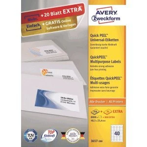 AVERY Zweckform 3657-200 Universal Labels (8,000 Plus 800 Adhesive Labels Extra 48.5 x 25.4 mm on A4, Matte Paper, Individually Printable, Self-Adhesive Stickers with Ultra-Grip) 220 Sheets, White