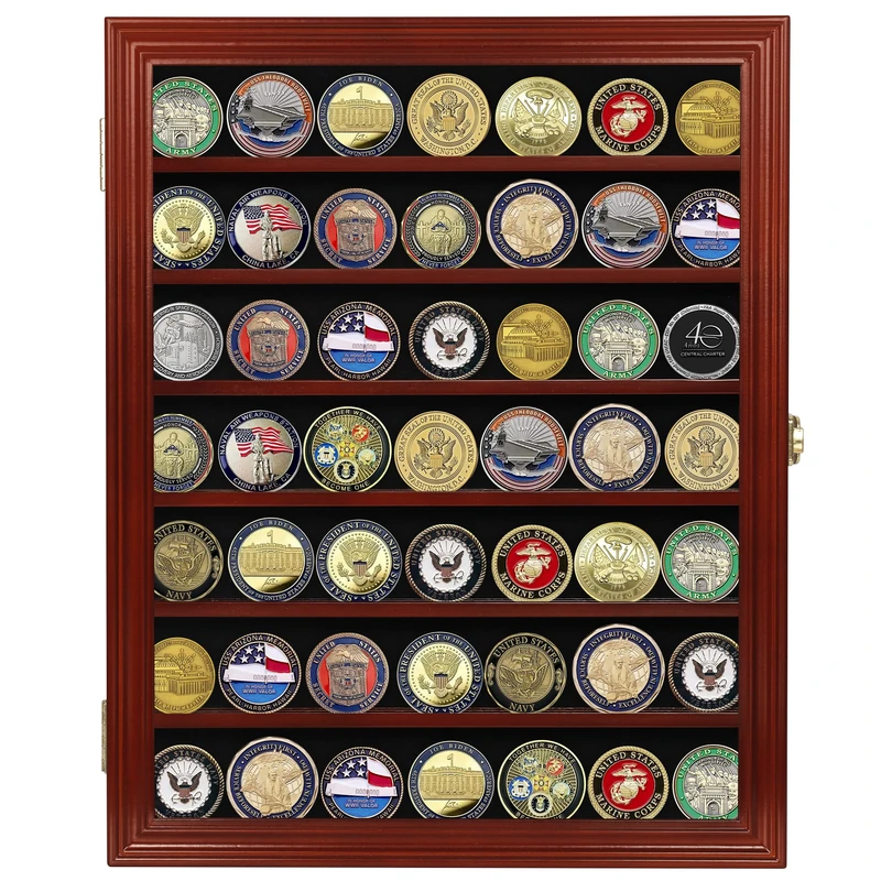 DisplayGifts Military Challenge Coin Wooden Display Case Cabinet Rack Holder w/ Real Glass Door Lockable Mahogany Finish - Image 1