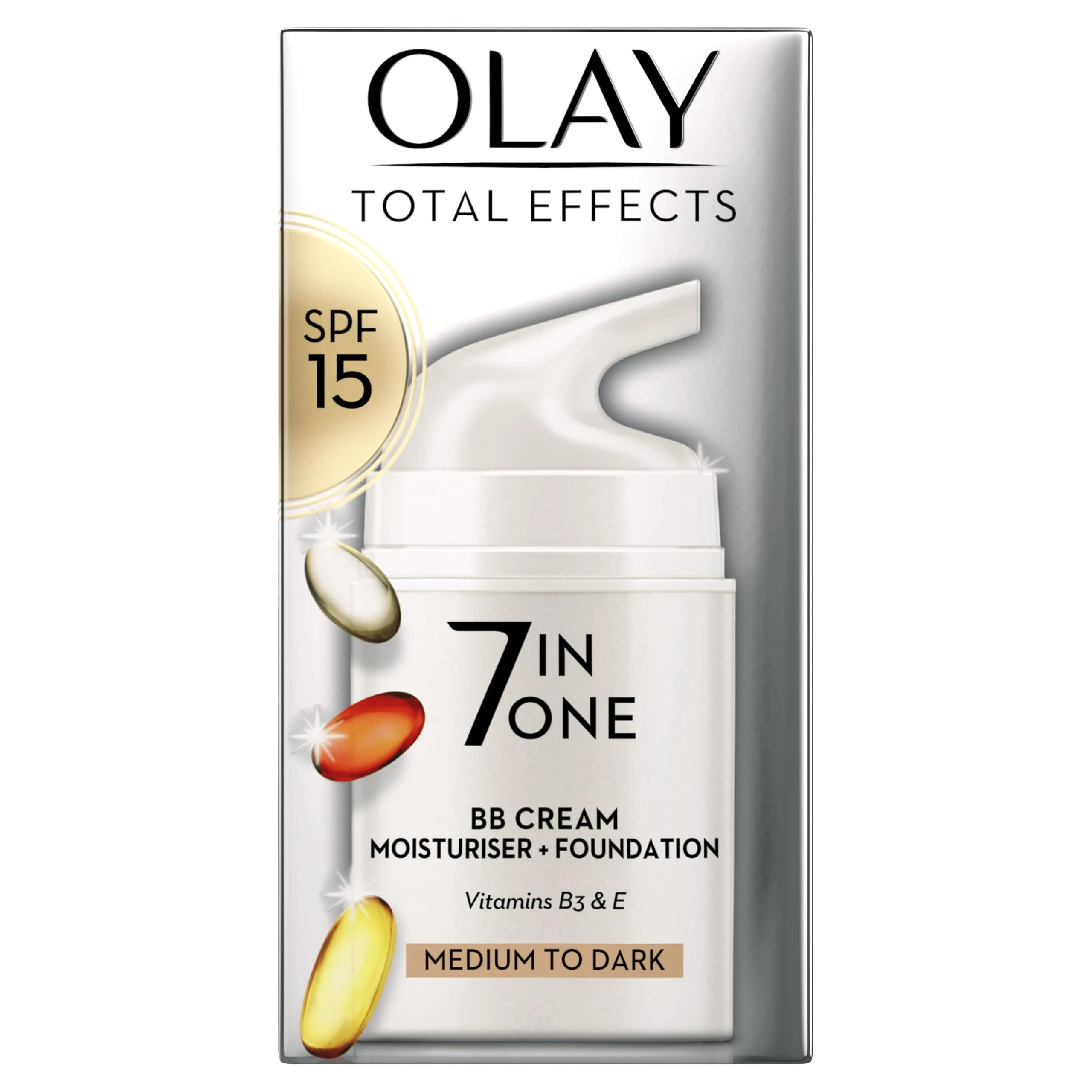 Olay Total Effects SPF15 BB Day Face Cream, Medium to Dark 7-in-1 Skin Care Moisturiser Foundation with Vitamin C & Niacinamide Hydration, Glow and Anti-Wrinkle, Nourishes and Protects in 1 Step, 50ml