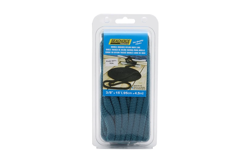 Seachoice Double-Braid Nylon Dock Line w/Eye Splice, Pre-Shrunk, Heat Stabilized, 3/8 in. X 15 Ft., Teal Green