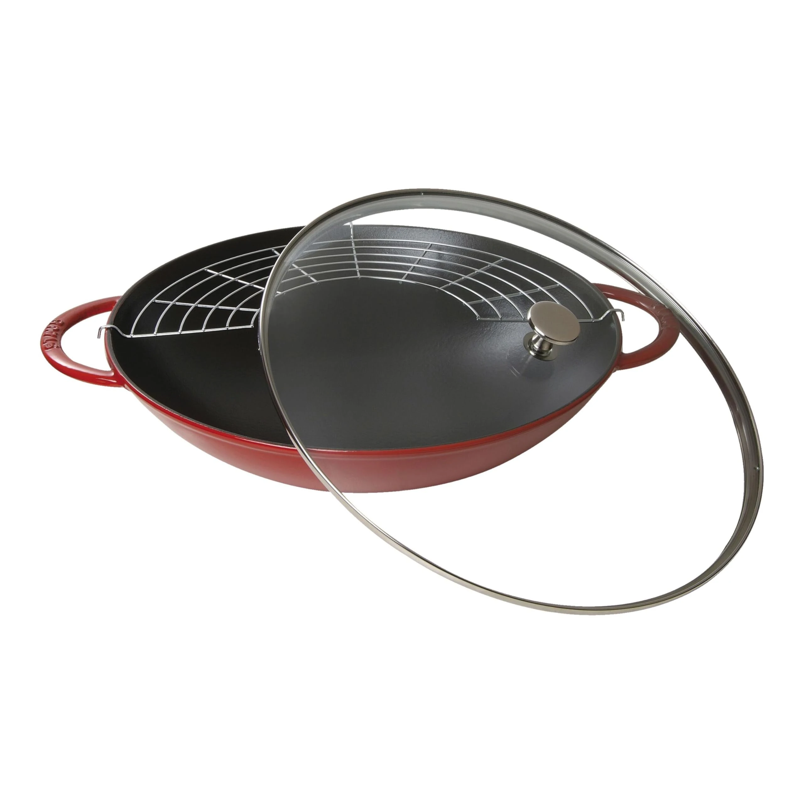 Staub 40509-898-0 Cast Iron Wok, including Glass Lid and Removable Grid Insert, Suitable for induction, Ø 37 cm, 5.7 L, Cherry Red