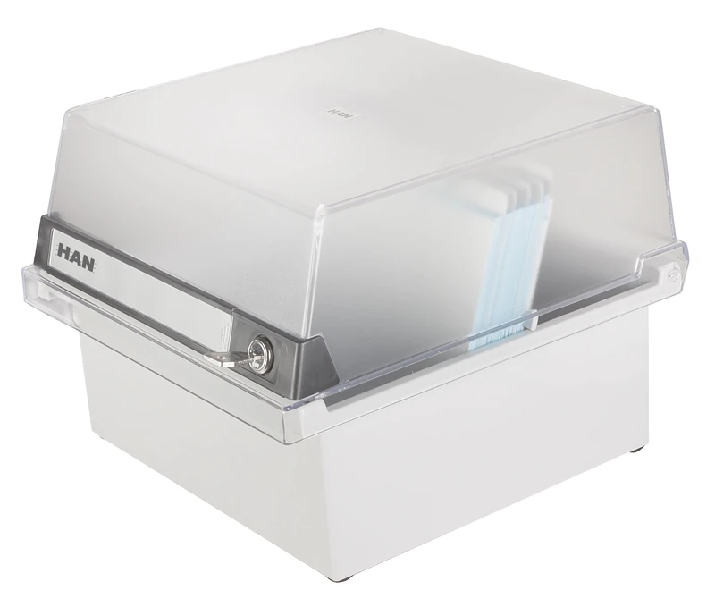 HAN 965-S-631, Card filing box Special Edition A5 landscape. Innovative, attractive design holds 800 cards with lock, readjustable lid supplied with large inscription label, light-grey-translucent - Image 1