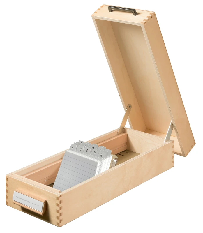 HAN 1007, Wooden card filing box A7 landscape, for 1,500 cards, metal base/support plate, natural wood