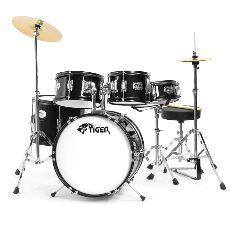 Tiger JDS14-BK Junior 5-Piece Drum Kit - For Ages 3-10 - Snare, Toms, Bass Drum, Bass Drum Pedal, Hi-Hat, Crash Cymbals, Throne and Sticks All Included – Black