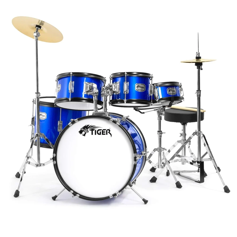 TIGER JDS14-BL 5-Piece Junior Drum Kit Set for Kids with Snare, Toms, Bass Drum, Bass Drum Pedal, Hi-Hat and Crash Cymbals, Throne and Sticks - Blue