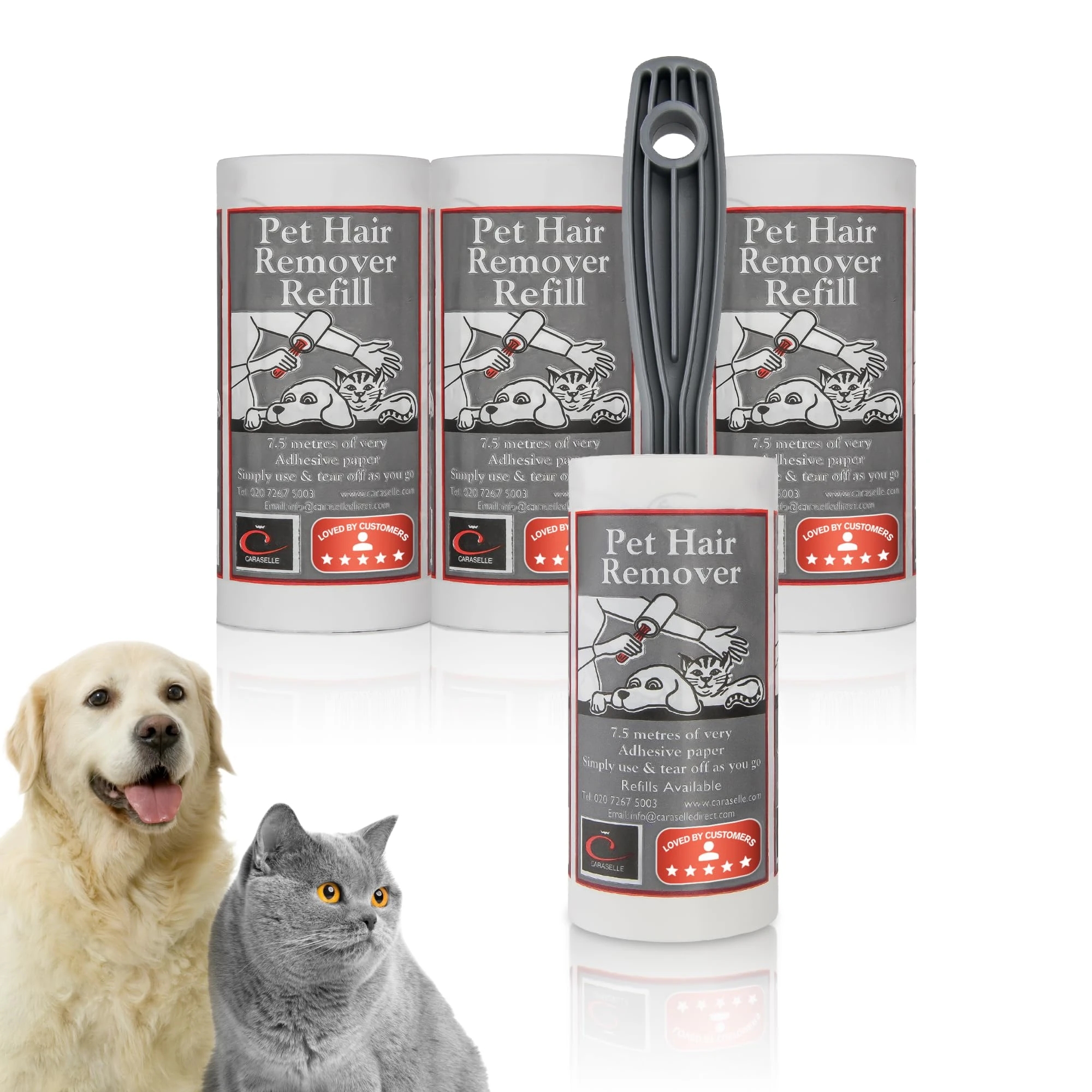 CARASELLE Pet Hair Remover (pack of 1 roller + 3 refills) Roller packed with Refills bundle - 7.5 metres of Super Adhesive sheets - Picks up Lint, Hair & Debris on Furniture Carpet Bed & any surface
