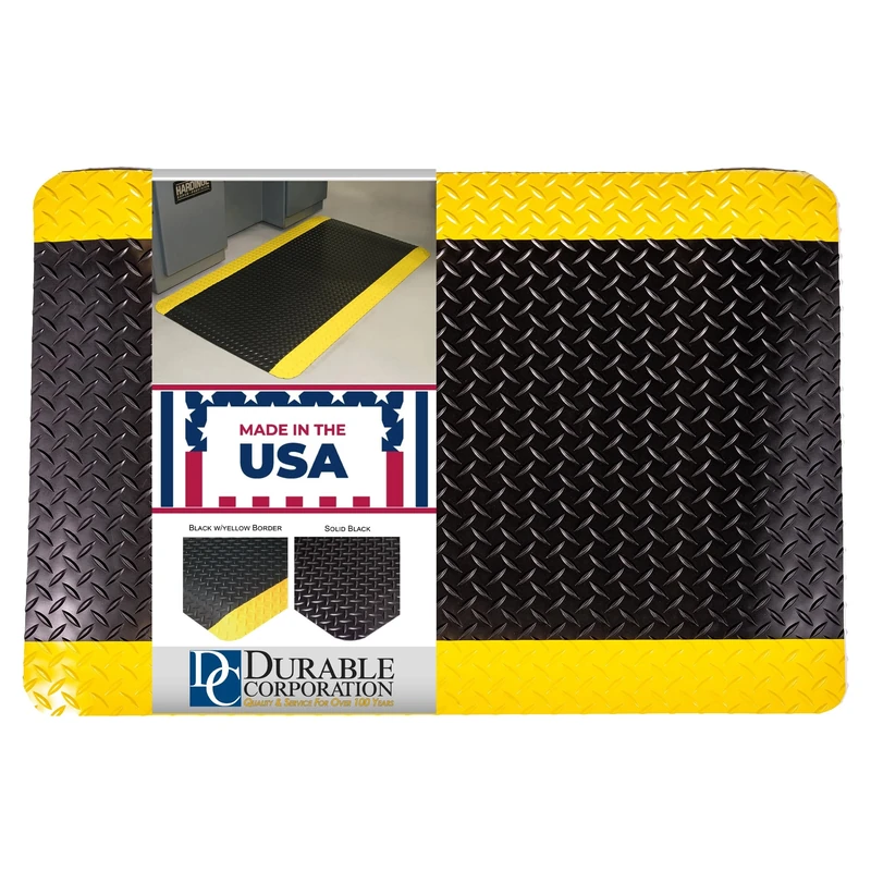 Durable Corporation Vinyl Diamond-Dek Sponge Industrial Anti-Fatigue Mat, For Indoors, 36" Width x 60" Length x 9/16" Thickness, Black with Yellow Border