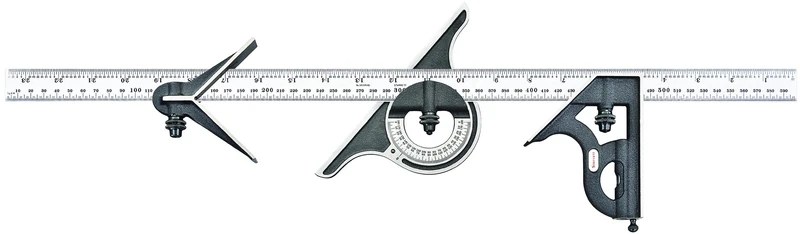 Starrett 9ME-600 Cast Iron Square, Centre And Non-Reversible Protractor Heads With Regular Blade Combination Set, Black Wrinkle Finish, 600 mm Size