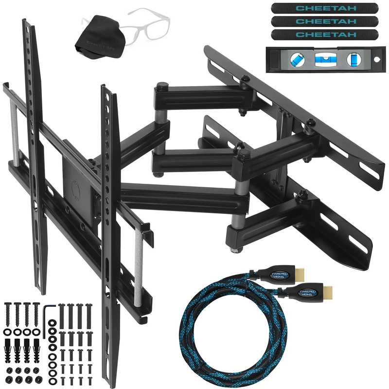 Cheetah Mounts APDAM3B Dual Articulating Arm TV Wall Mount Bracket for 20-65” TVs including a Twisted Veins 10’ (m 3) HDMI Cable and a 6” (cm 15) 3-Axis Magnetic Bubble Level - Image 1