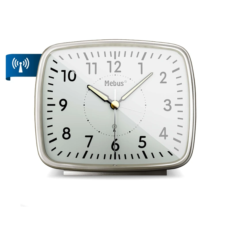Mebus Analogue Radio-Controlled Alarm Clock in Retro Design with Rounded Corners/Material: Plastic/Colour: Silver/Model: 25362 L 5 cm x W 12 cm x H 10 cm - Image 1