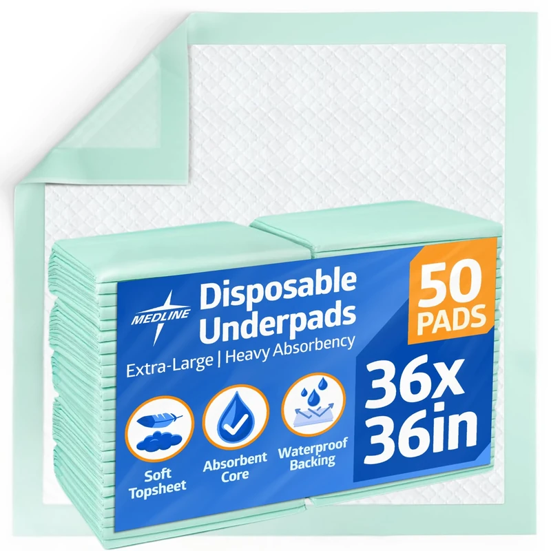 Medline 36" x 36" Quilted Disposable Bed Pads – Heavy Absorbency, 50 Count