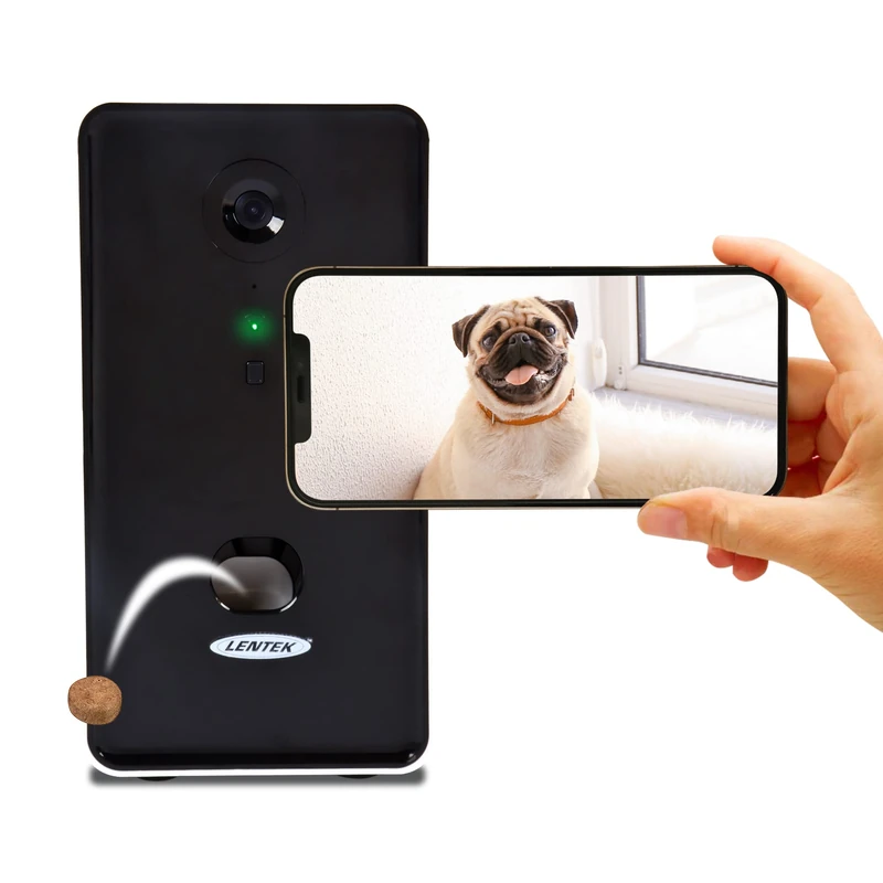 Lentek Smart Pet Treat Tosser with HD Camera 10oz Capacity Smartphone-Controlled 2-Way Audio Record and Share Photo and Video WiFi Cat or Dog Treat Dispenser with Free App for iPhone and Android