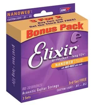 Elixir Nanoweb 80/20 Bronze Light 12 - 53 Acoustic Guitar Strin - 3 Pack