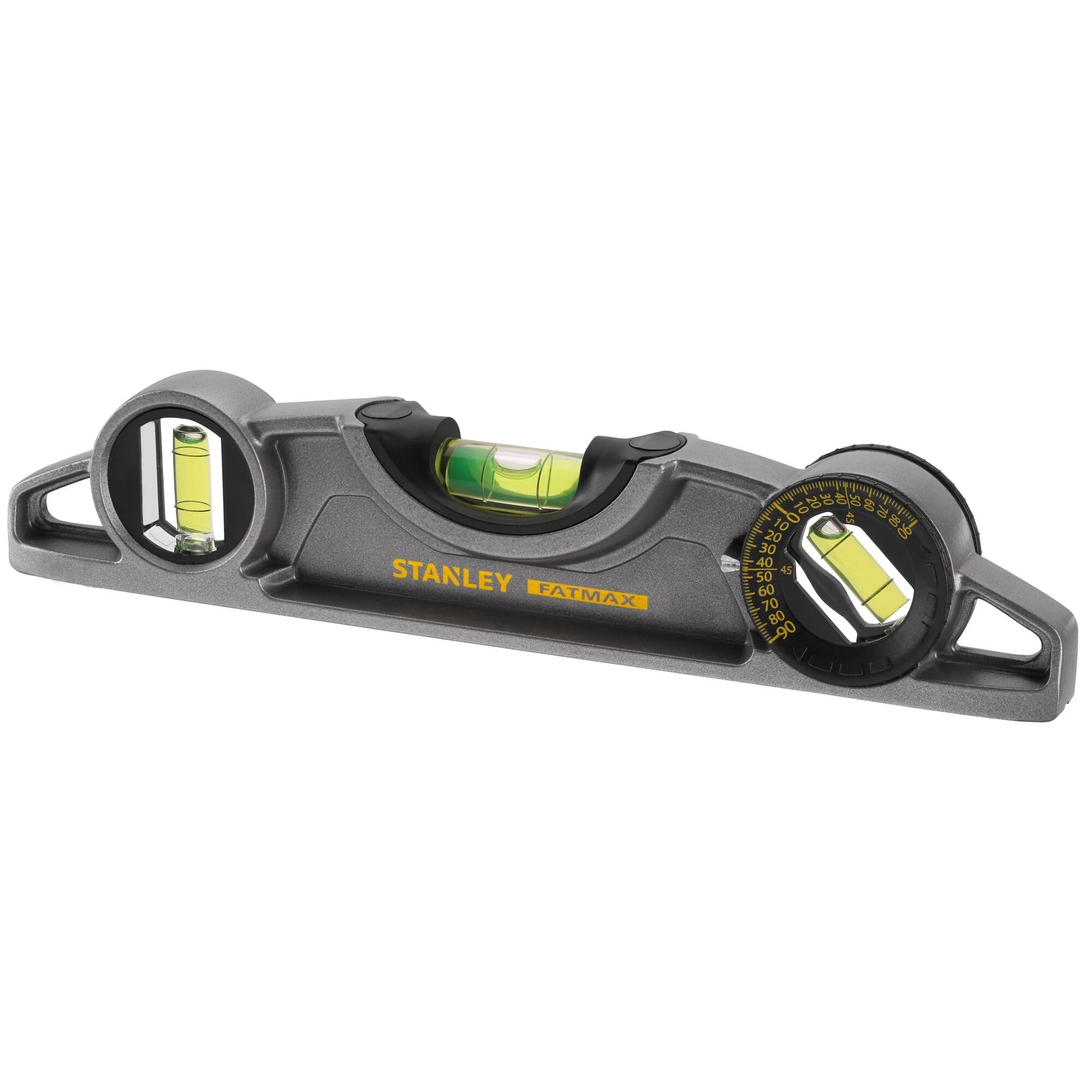 STANLEY Torpedo Level Heavy Duty Aluminium Body and Magnetic Base Including 3 Reversible Vials 0-43-609, Grey/White, 25cm