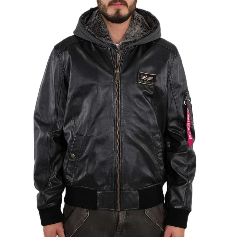 Alpha Industries MA-1 D-Tec Leather Jacket for Men Black