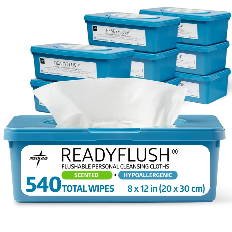 Medline Readyflush Biodegradable Flushable Wipes, 9 Tubs of 60 Wipes