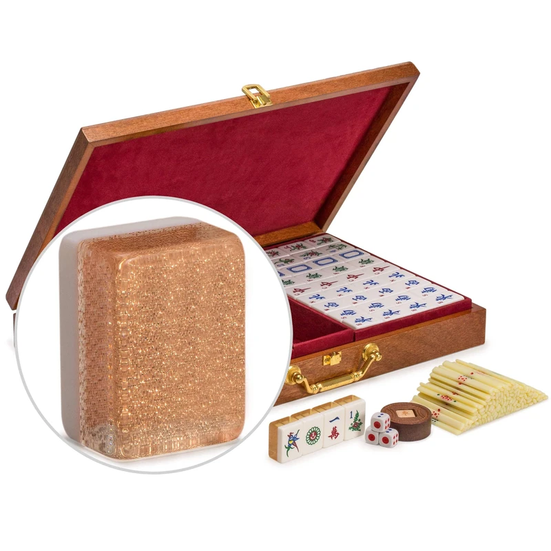 Yellow Mountain Imports Classic Chinese Mahjong Game Set, Champagne Gold - with 148 Medium Size Tiles and a Wooden Case - For Chinese Style Game Play