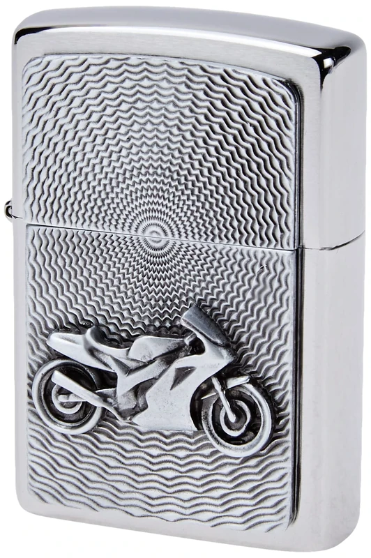 Zippo Windproof Lighter, Motorbike Design – Brushed Chrome, Emblem – Refillable, Reusable, Windproof Design – Comes in Gift Box – Made in USA