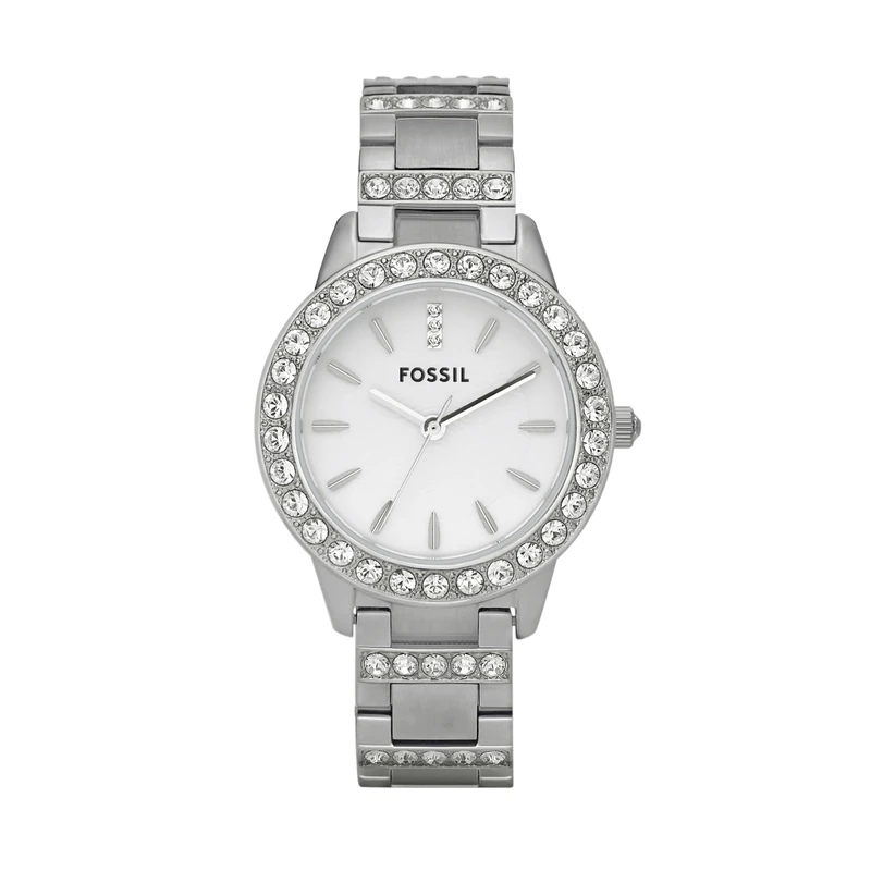 FOSSIL Ladies Dress Watch Es2362 with White Dial, Stone Encrusted Topring and Bracelet
