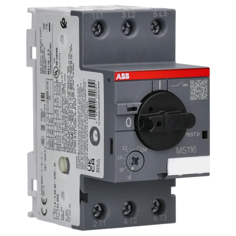 ABB MS116-2.5 Manual Motor Starter, 45mm width, 3 Pole, 690 V, 50-60Hz (ABB1SAM250000R1007)