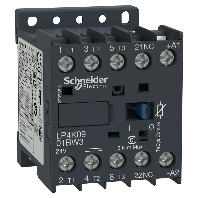 Schneider Electric, TeSys K contactor - 3P - AC-3 <= 440 V 9 A - 1 NC aux. - 24 V DC coil, LP4K0901BW3