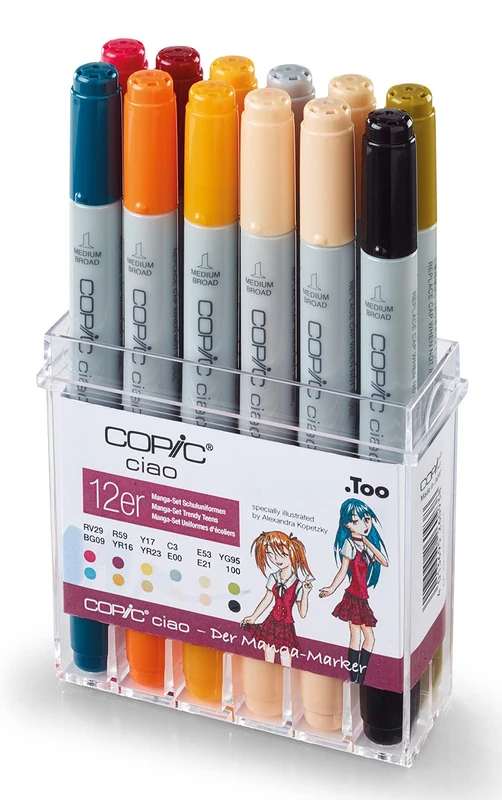 Copic Ciao Marker Set of 12 School Uniforms Alcohol Based All-Round Layout Markers in Practical Acrylic Display for Storage and Easy Removal, 22075712