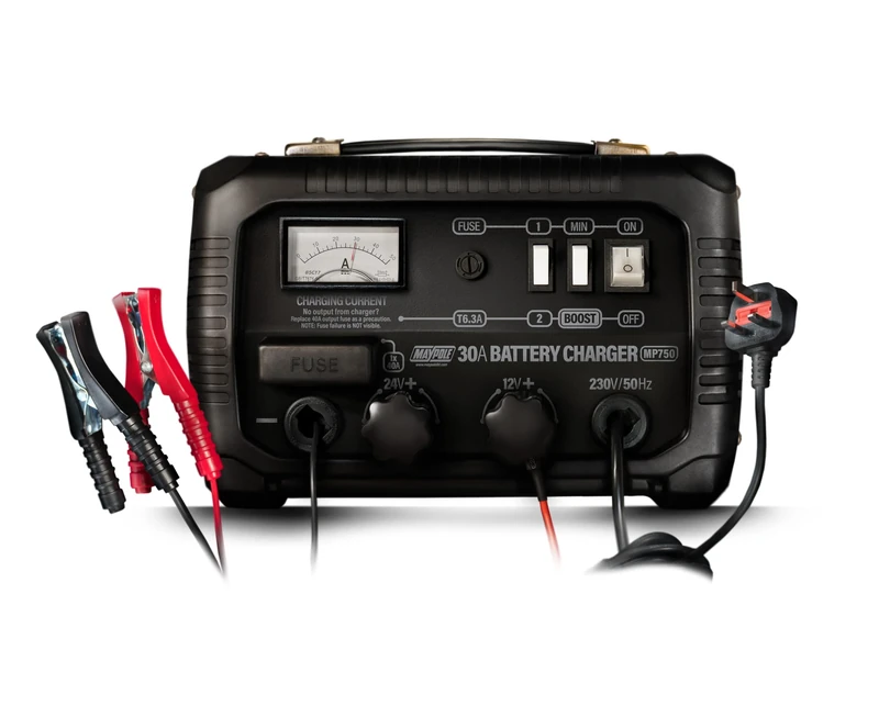 Maypole 30A Dual Voltage 12/24V Metal Cased Car Battery Charger Workshop Use Built in Safety Features Lead Acid AGM Vans Lorries Tractors Boats