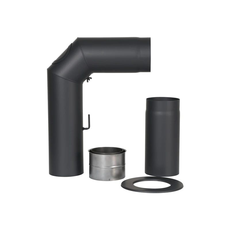 Kamino-Flam 90° Elbow Pipe Senotherm Set Ø 15cm Diameter, Stove Elbow Pipe with Throttle Valve, Extension pipe, Double Wall Lining and Rosette EN 1856-2 Standard, Heat Resistant Enamelled Stove Flue Pipe, Black - Image 1