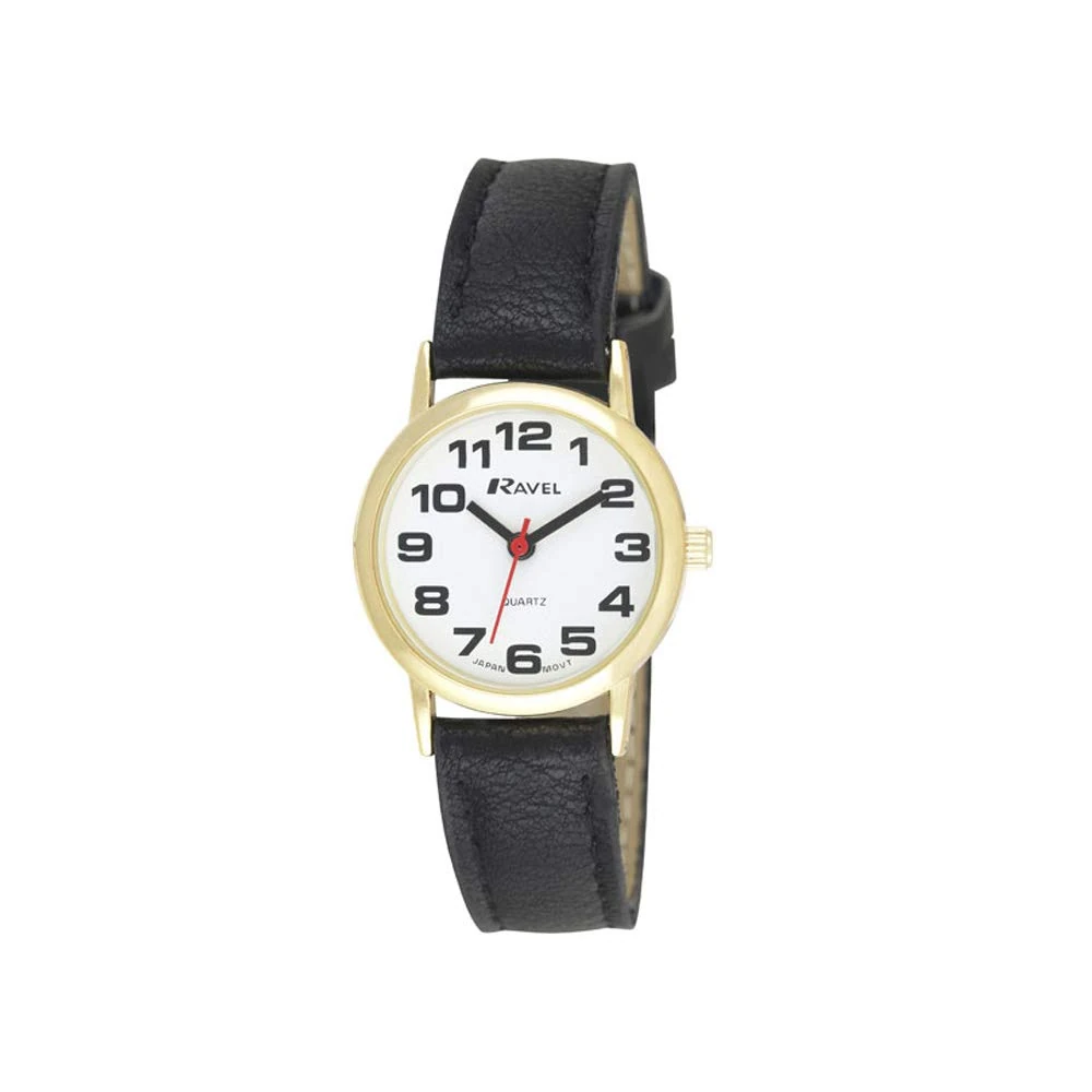 Ravel Women's Easy Read Watch with Big Numbers - Black/Gold Tone/White Dial
